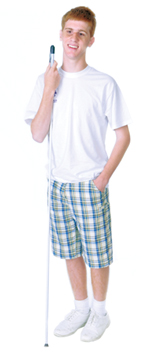 Teenage boy standing with white cane