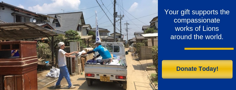 Lions in a pickup truck Japan deliver critical supplies after a disaster, summer 2018.